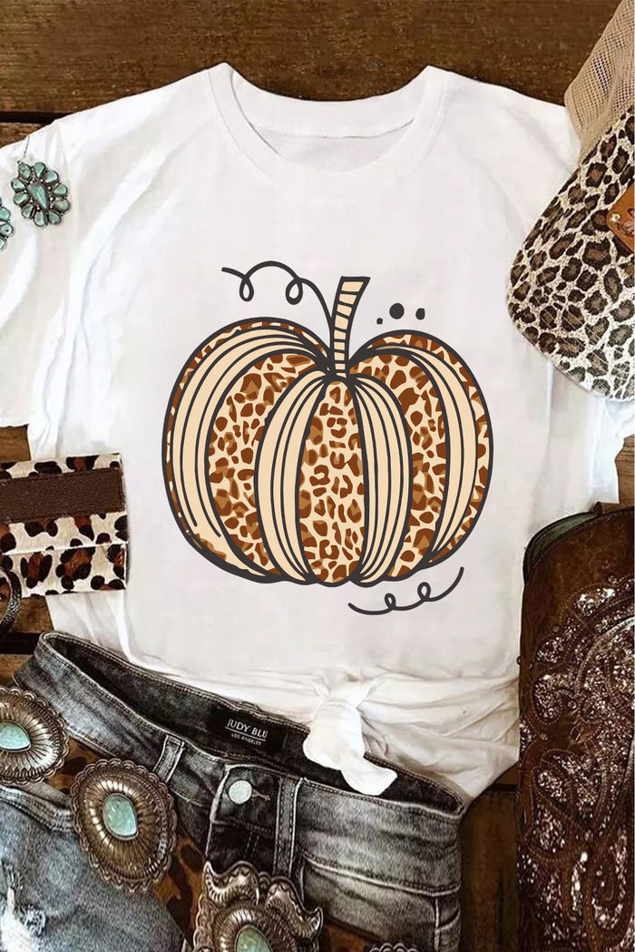 White Leopard Pumpkin Graphic Crewneck Halloween T Shirt 🇺🇸
