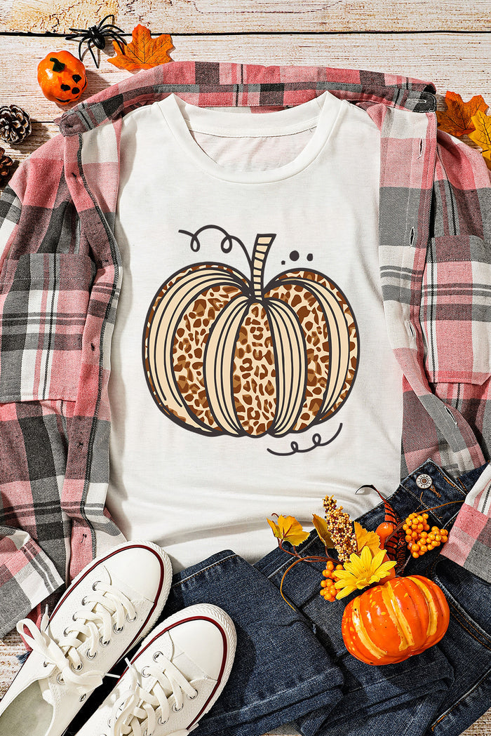 White Leopard Pumpkin Graphic Crewneck Halloween T Shirt 🇺🇸