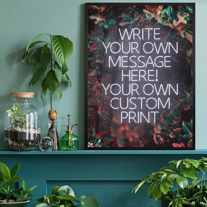 White Neon Centered Leaves Print, personalised print black framed on a living room shelf