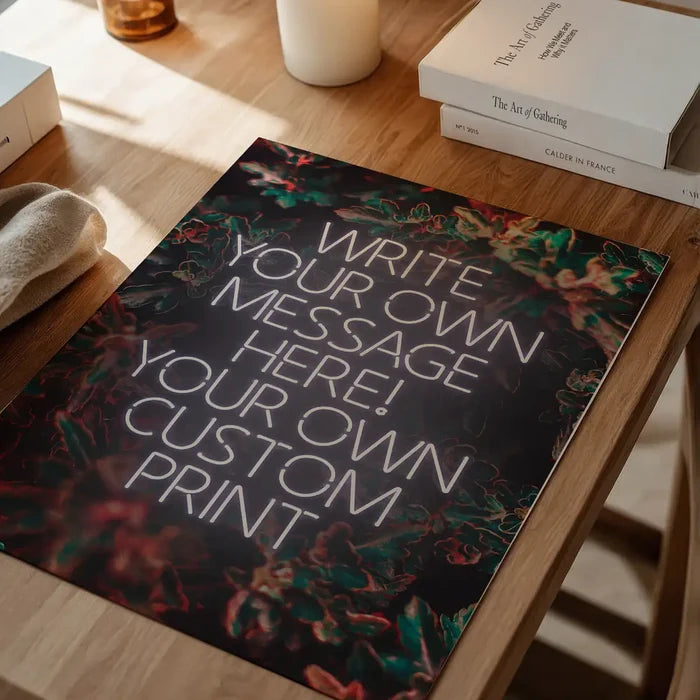 White Neon Centered Leaves Print, personalised print unframed on a home office desk