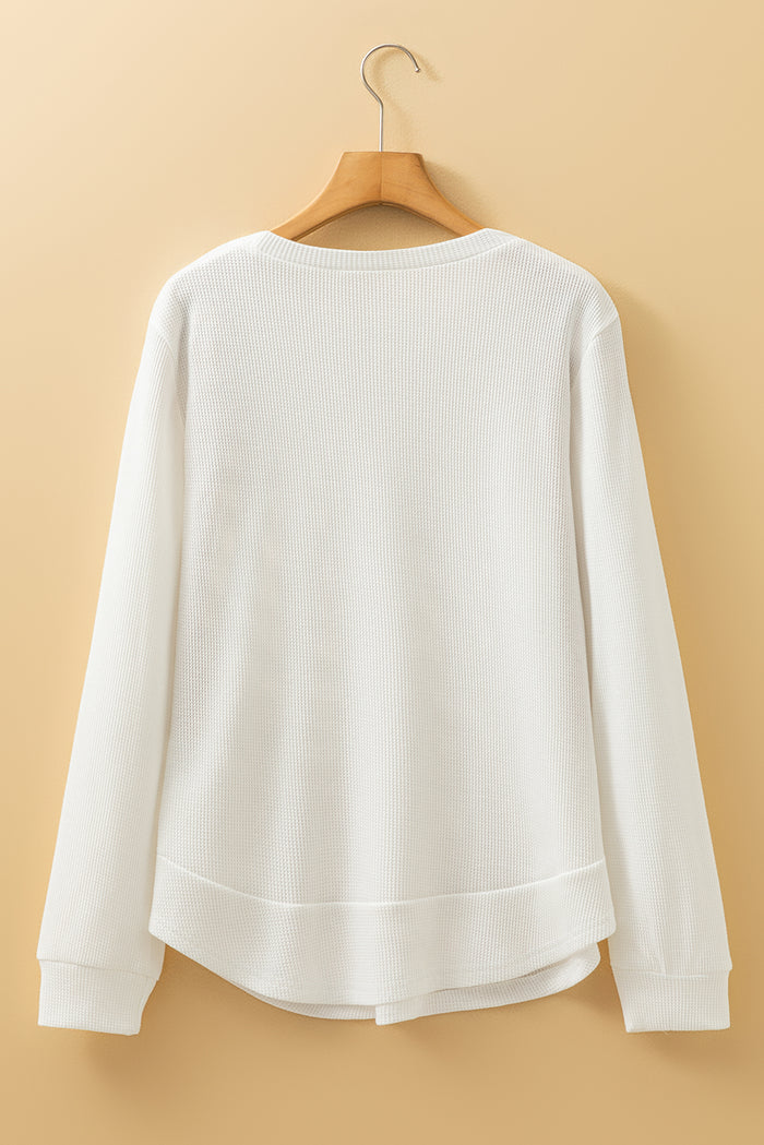 White Rounded Hem Waffle Long Sleeve Top 🇺🇸