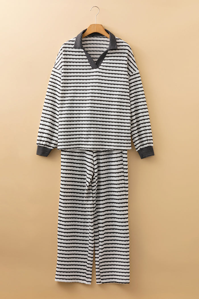 White Stripe Collared Pullover Top and Drawstring Pant Set 🇺🇸