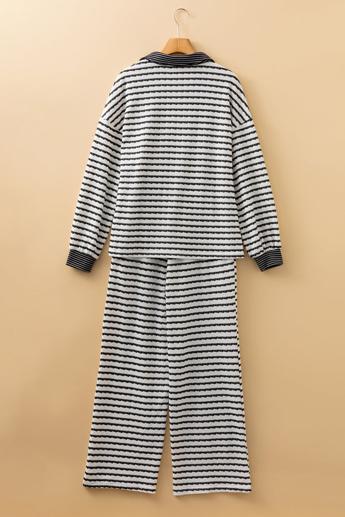 White Stripe Collared Pullover Top and Drawstring Pant Set 🇺🇸