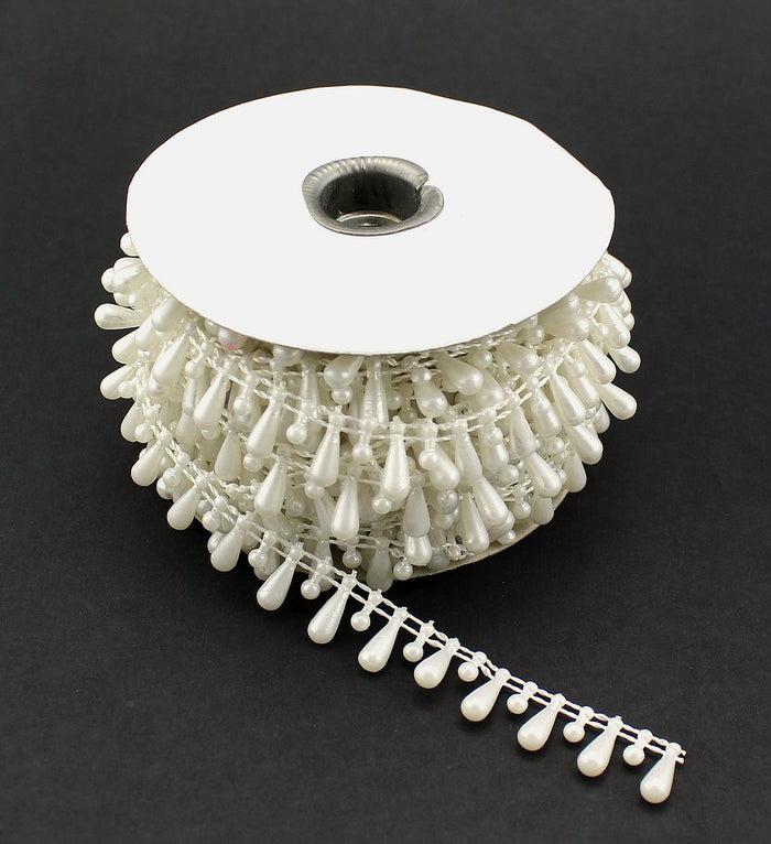 White Tear Drop Pearls Fussed Garland Strung Trim 10 Yard Roll
