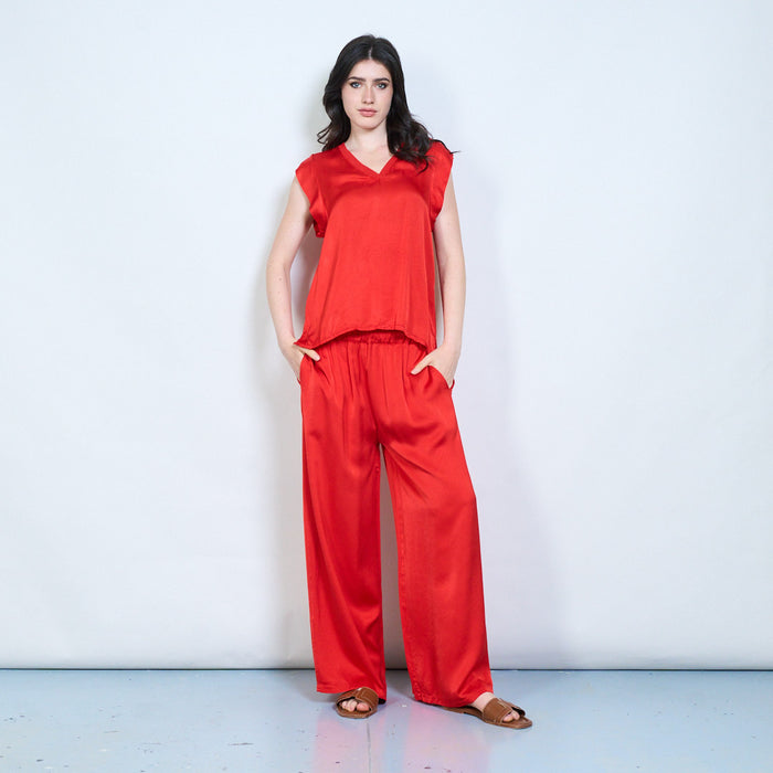 Wide leg satin feel pull-on trousers wholesale