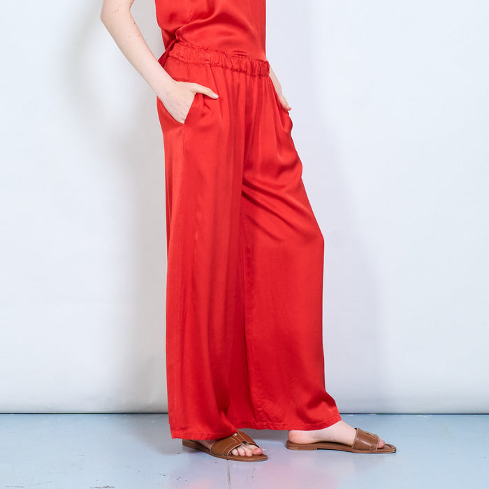 Wide leg satin feel pull-on trousers wholesale