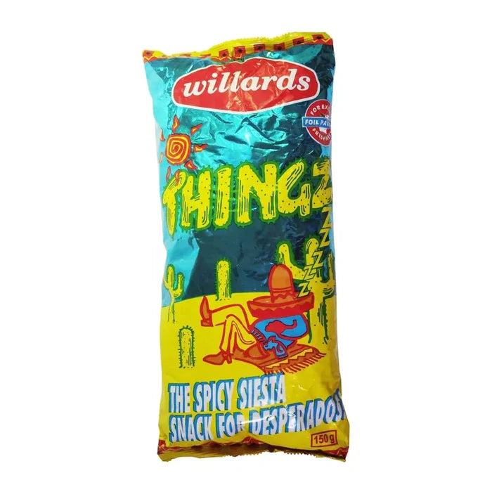 Blue foil bag of Willards THINGZ The Spicy Siesta Snack For Desperados, 150g, featuring a sleeping character in a sombrero.