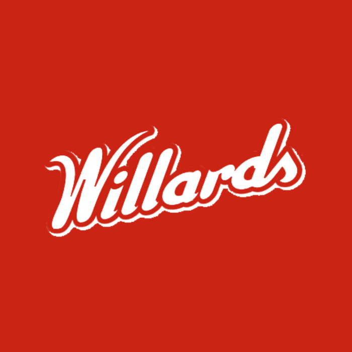 White Willards brand logo in cursive script centered on a solid red background.