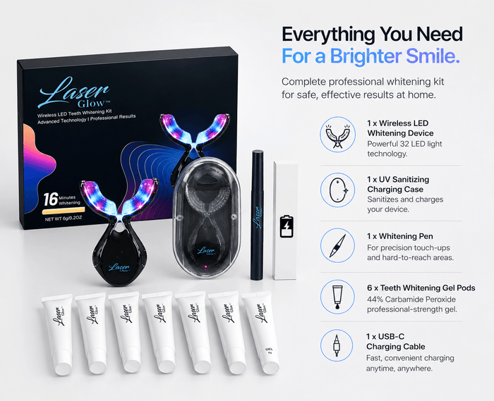 LaserGlow wireless LED teeth whitening kit with UV sanitizing charging case, 6 teeth whitening gel pods, 44% carbamide peroxide gel, whitening pen, USB-C charging cable, and LED mouth tray.