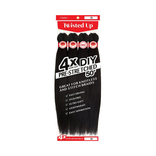 OUTRE Twisted Up 4X pre stretched braiding hair 50 inch 1B black pack for knotless and stitch braids