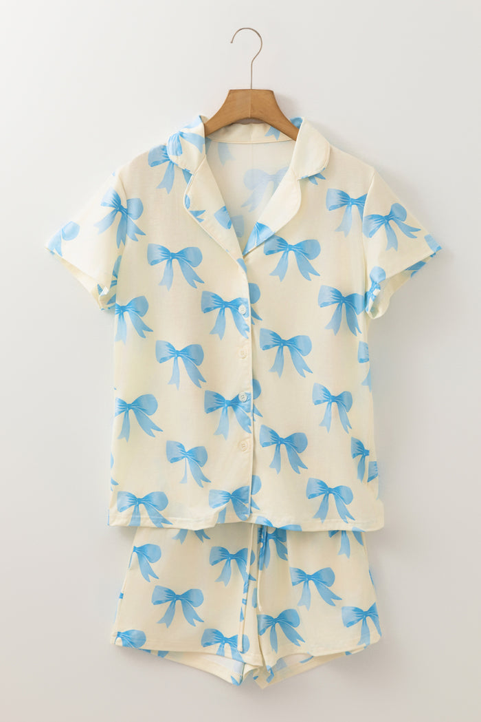 Yellow Bow Printed Short Sleeve Shirt Shorts Pajama Set 🇨🇳