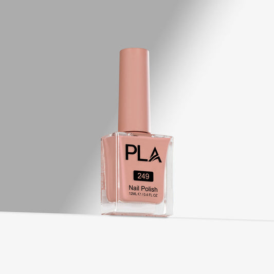 Nail polish bottle with 'PLA' branding on a gray background