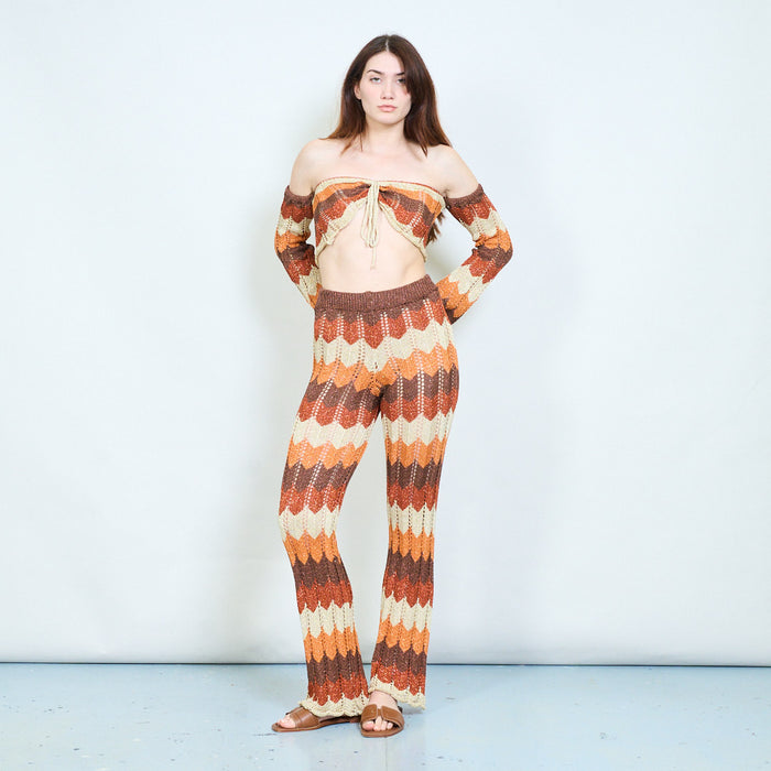 Zigzag crochet top and flared pants set wholesale