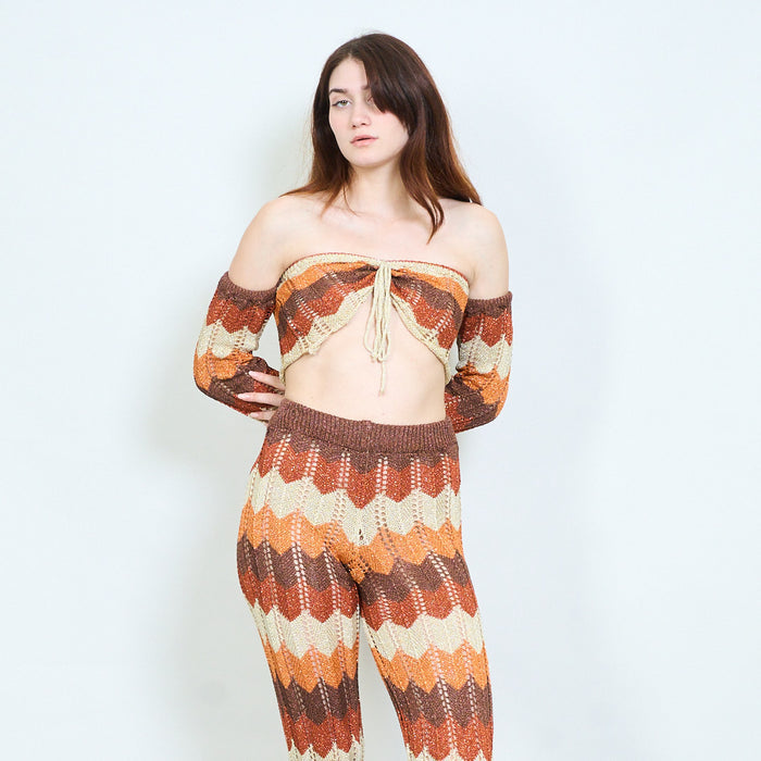 Zigzag crochet top and flared pants set wholesale
