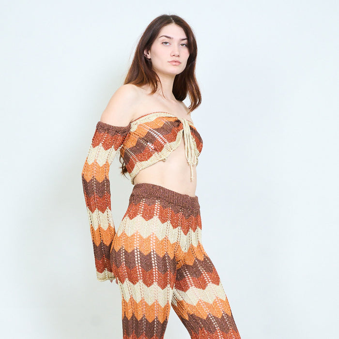 Zigzag crochet top and flared pants set wholesale