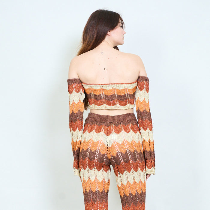 Zigzag crochet top and flared pants set wholesale