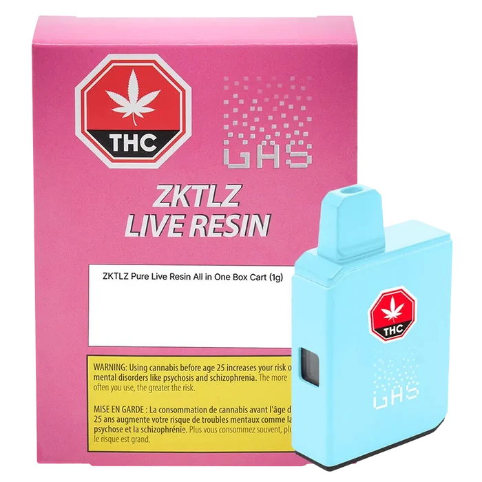 Front three-quarter view of a cyan ZKTLZ Pure Live Resin AIO Disposable Vape standing against its pink ZKTLZ Live Resin box with THC badge.