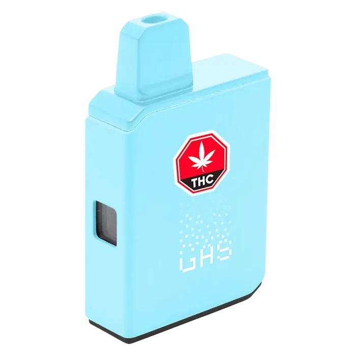 Three-quarter front view of a sky-blue ZKTLZ Pure Live Resin AIO Disposable Vape standing upright with a red THC label and small side window.