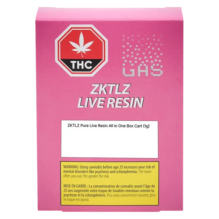 Front-facing image of the pink box labeled ZKTLZ Pure Live Resin AIO Disposable Vape with a THC stop sign symbol and warning panel.