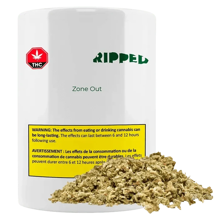 Ripped Zone Out displays bold lettering with a cannabis leaf icon against a stark white background.