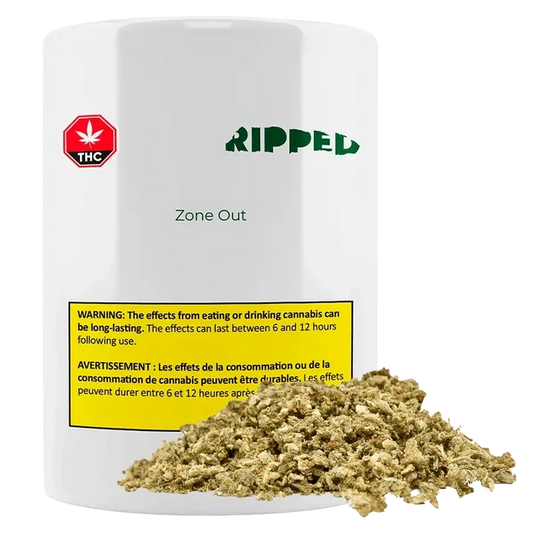 Ripped Zone Out displays bold lettering with a cannabis leaf icon against a stark white background.
